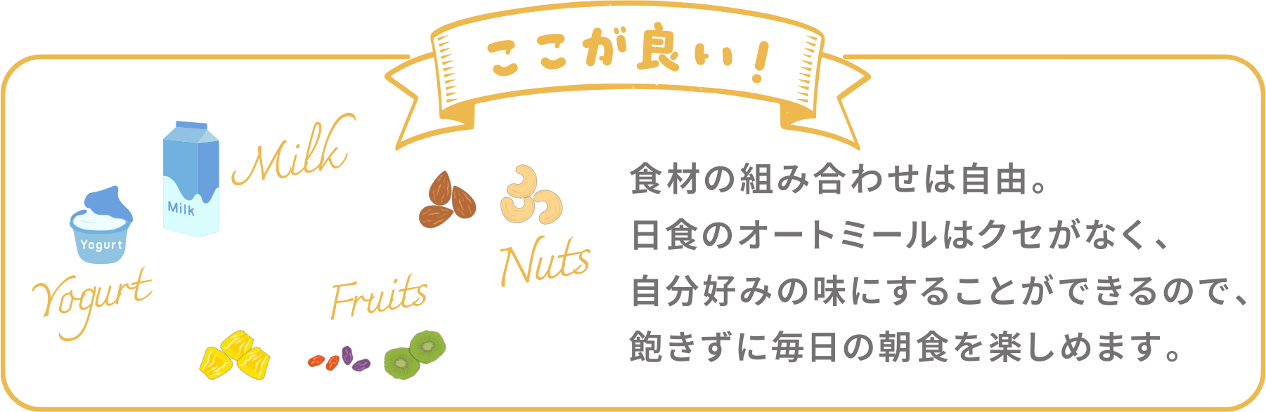 ここが良い！ 食材の組み合わせは自由。日食のオートミールはクセがなく、自分好みの味にすることができるので、飽きずに毎日の朝食を楽しめます。